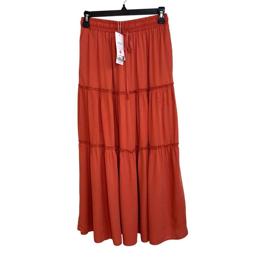 Boho Tiered Maxi Skirt Fall Rust Orange Ruffle Drawstring Small Women